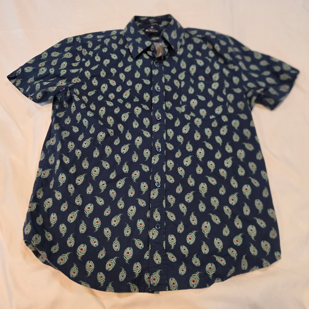 Ben Sherman Button Down Shirt Mens M Navy Blue Peacock Feather Print Excellent